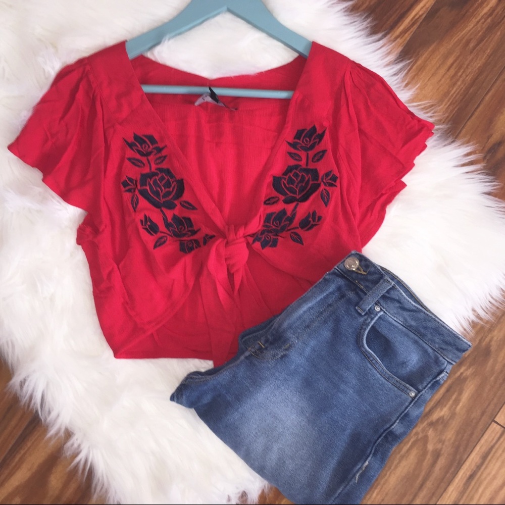 Red Tie Front Embroidered Floral Crop Top